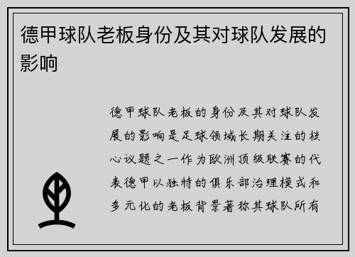 德甲球队老板身份及其对球队发展的影响